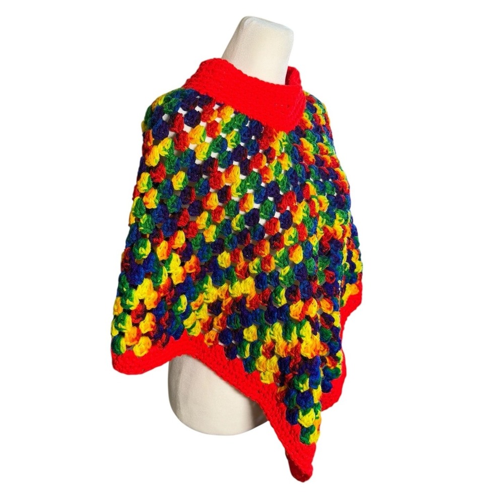 Vintage 70s Crochet Poncho Kids Rainbow Chunky Knit Boho Handmade Cape - Picture 3 of 10